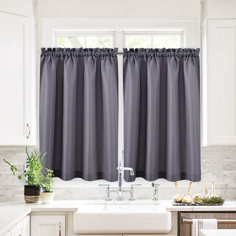 Valea Home Waffle Weave Textured Half Window Tier Curtains for Kitchen Water Repellent Window Covering Bathroom Short Curtains, 72" x 45", Grey, Set of 2 - Image 2